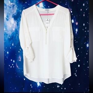NWT: Express White V-Neck Zip Front Blouse Roll Tab Sleeve Top Size M